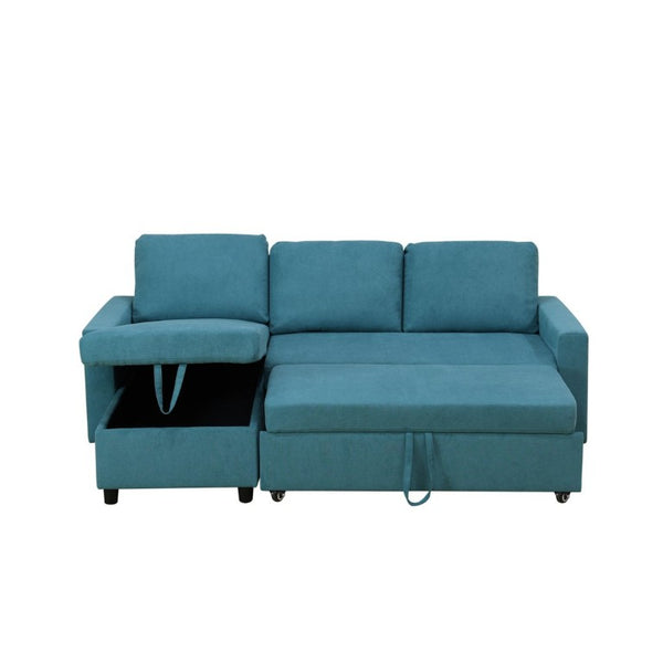 English Elm 83.6 Inch Flannel Sectional Sleeper Sofa with Hidden Chaise Storage for Living Rooms Blue B082S00146