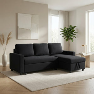 English Elm 83.6 Inch Flannel Sectional Sleeper Sofa with Hidden Chaise Storage and Reversible Layout B082S00147