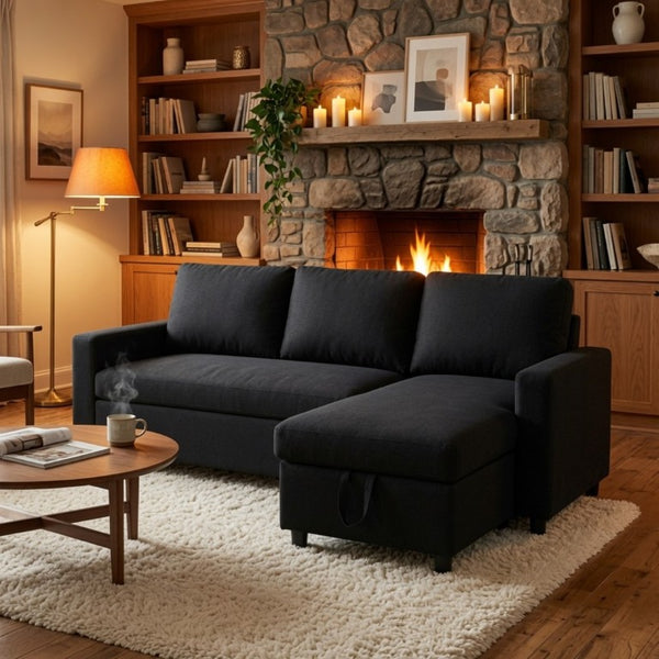 English Elm 83.6 Inch Flannel Sectional Sleeper Sofa with Hidden Chaise Storage and Reversible Layout B082S00147