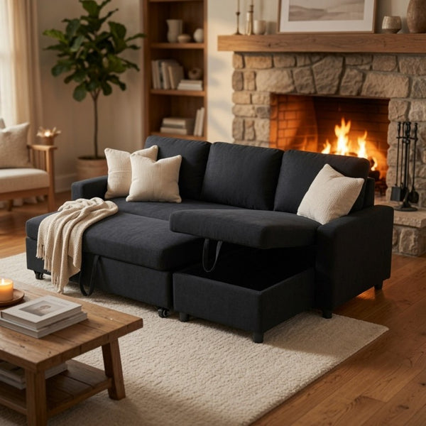 English Elm 83.6 Inch Flannel Sectional Sleeper Sofa with Hidden Chaise Storage and Reversible Layout B082S00147