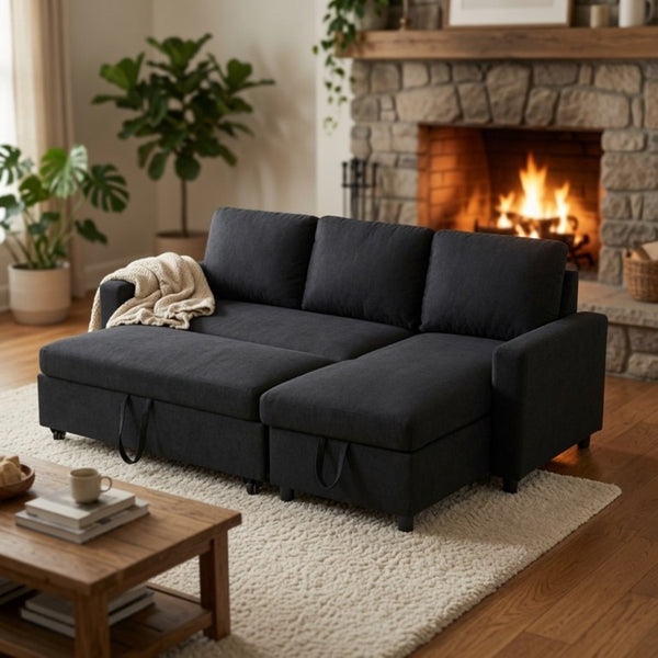 English Elm 83.6 Inch Flannel Sectional Sleeper Sofa with Hidden Chaise Storage and Reversible Layout B082S00147