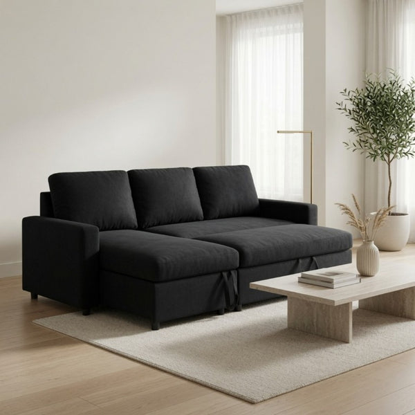English Elm 83.6 Inch Flannel Sectional Sleeper Sofa with Hidden Chaise Storage and Reversible Layout B082S00147