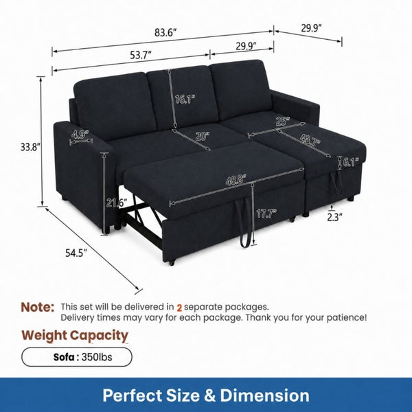 English Elm 83.6 Inch Flannel Sectional Sleeper Sofa with Hidden Chaise Storage and Reversible Layout B082S00147