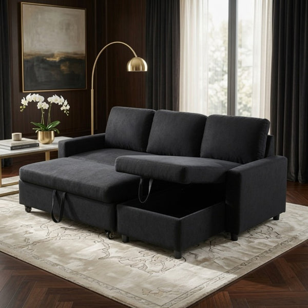 English Elm 83.6 Inch Flannel Sectional Sleeper Sofa with Hidden Chaise Storage and Reversible Layout B082S00147