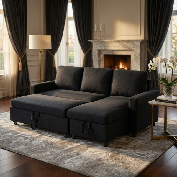 English Elm 83.6 Inch Flannel Sectional Sleeper Sofa with Hidden Chaise Storage and Reversible Layout B082S00147