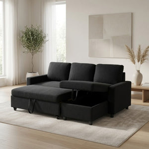English Elm 83.6 Inch Flannel Sectional Sleeper Sofa with Hidden Chaise Storage and Reversible Layout B082S00147