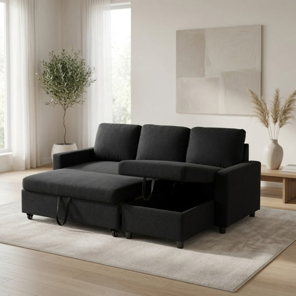 English Elm 83.6 Inch Flannel Sectional Sleeper Sofa with Hidden Chaise Storage and Reversible Layout B082S00147