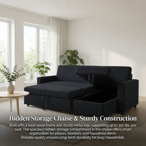 English Elm 83.6 Inch Flannel Sectional Sleeper Sofa with Hidden Chaise Storage and Reversible Layout B082S00147