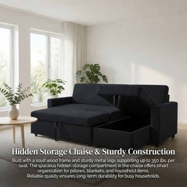 English Elm 83.6 Inch Flannel Sectional Sleeper Sofa with Hidden Chaise Storage and Reversible Layout B082S00147
