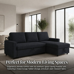 English Elm 83.6 Inch Flannel Sectional Sleeper Sofa with Hidden Chaise Storage and Reversible Layout B082S00147