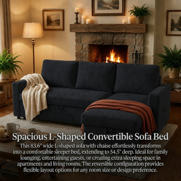 English Elm 83.6 Inch Flannel Sectional Sleeper Sofa with Hidden Chaise Storage and Reversible Layout B082S00147