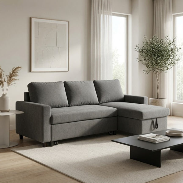 English Elm 83.6 Inch Flannel Sectional Sleeper Sofa with Hidden Chaise Storage for Living Rooms Dark Grey B082S00148