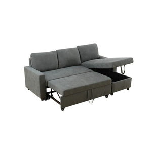English Elm 83.6 Inch Flannel Sectional Sleeper Sofa with Hidden Chaise Storage for Living Rooms Dark Grey B082S00148