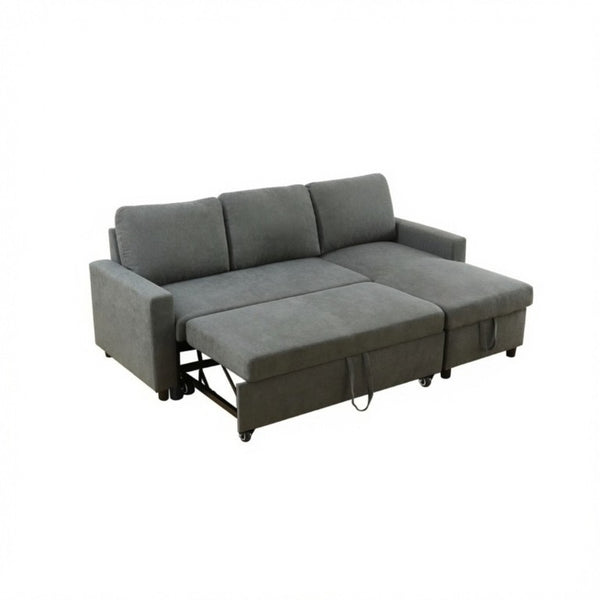 English Elm 83.6 Inch Flannel Sectional Sleeper Sofa with Hidden Chaise Storage for Living Rooms Dark Grey B082S00148