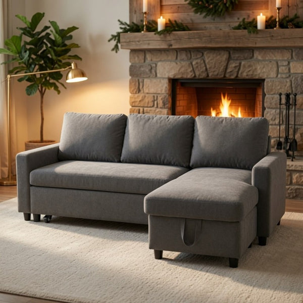 English Elm 83.6 Inch Flannel Sectional Sleeper Sofa with Hidden Chaise Storage for Living Rooms Dark Grey B082S00148
