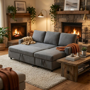English Elm 83.6 Inch Flannel Sectional Sleeper Sofa with Hidden Chaise Storage for Living Rooms Dark Grey B082S00148