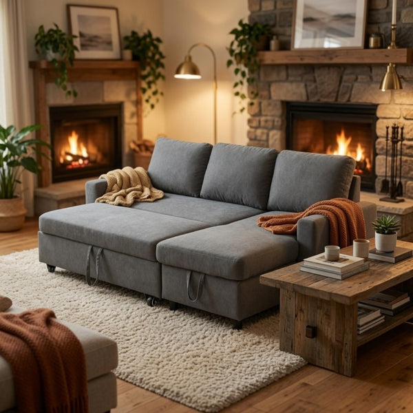 English Elm 83.6 Inch Flannel Sectional Sleeper Sofa with Hidden Chaise Storage for Living Rooms Dark Grey B082S00148