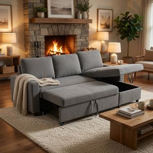 English Elm 83.6 Inch Flannel Sectional Sleeper Sofa with Hidden Chaise Storage for Living Rooms Dark Grey B082S00148