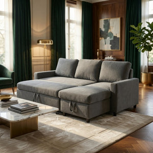 English Elm 83.6 Inch Flannel Sectional Sleeper Sofa with Hidden Chaise Storage for Living Rooms Dark Grey B082S00148