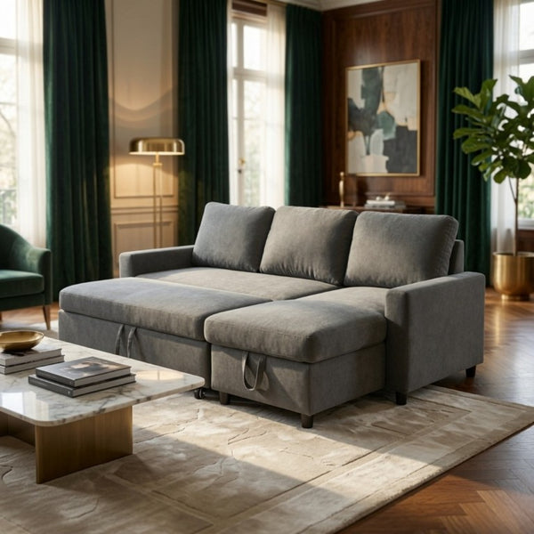 English Elm 83.6 Inch Flannel Sectional Sleeper Sofa with Hidden Chaise Storage for Living Rooms Dark Grey B082S00148