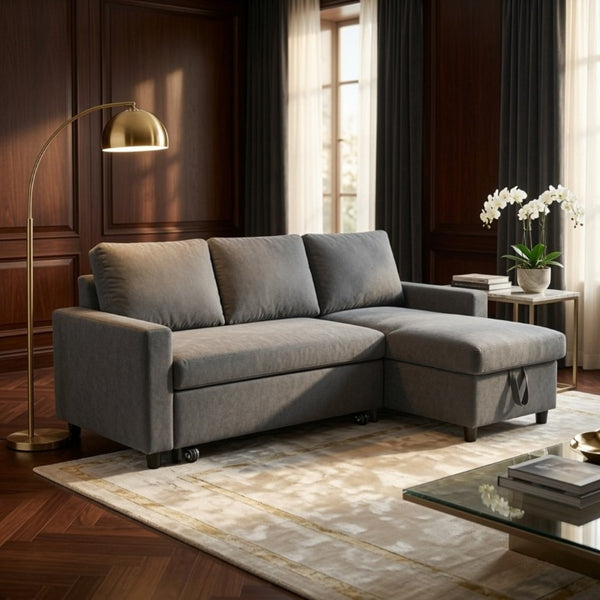 English Elm 83.6 Inch Flannel Sectional Sleeper Sofa with Hidden Chaise Storage for Living Rooms Dark Grey B082S00148