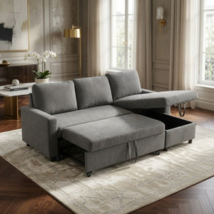 English Elm 83.6 Inch Flannel Sectional Sleeper Sofa with Hidden Chaise Storage for Living Rooms Dark Grey B082S00148
