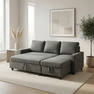 English Elm 83.6 Inch Flannel Sectional Sleeper Sofa with Hidden Chaise Storage for Living Rooms Dark Grey B082S00148