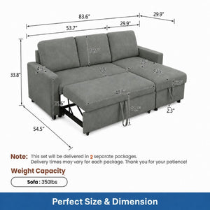 English Elm 83.6 Inch Flannel Sectional Sleeper Sofa with Hidden Chaise Storage for Living Rooms Dark Grey B082S00148