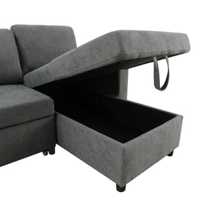 English Elm 83.6 Inch Flannel Sectional Sleeper Sofa with Hidden Chaise Storage for Living Rooms Dark Grey B082S00148