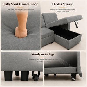 English Elm 83.6 Inch Flannel Sectional Sleeper Sofa with Hidden Chaise Storage for Living Rooms Dark Grey B082S00148