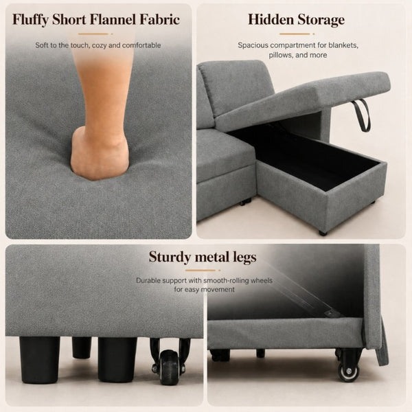English Elm 83.6 Inch Flannel Sectional Sleeper Sofa with Hidden Chaise Storage for Living Rooms Dark Grey B082S00148
