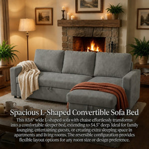 English Elm 83.6 Inch Flannel Sectional Sleeper Sofa with Hidden Chaise Storage for Living Rooms Dark Grey B082S00148