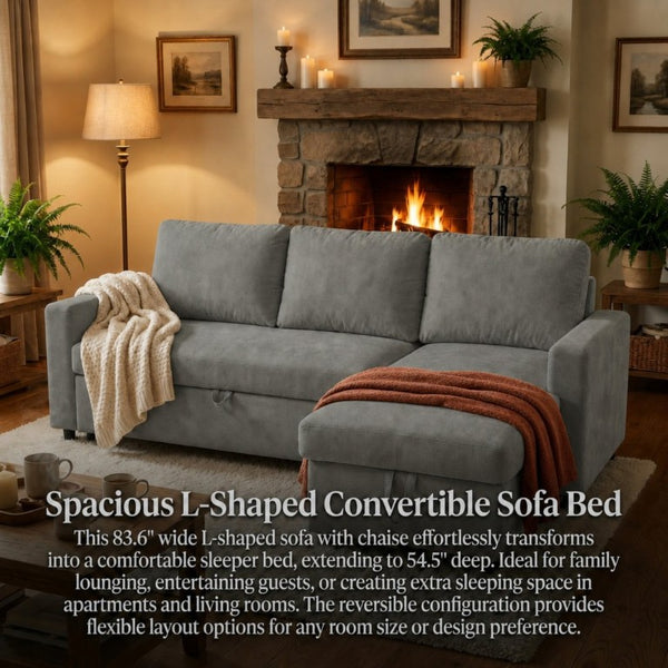 English Elm 83.6 Inch Flannel Sectional Sleeper Sofa with Hidden Chaise Storage for Living Rooms Dark Grey B082S00148