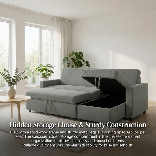 English Elm 83.6 Inch Flannel Sectional Sleeper Sofa with Hidden Chaise Storage for Living Rooms Dark Grey B082S00148