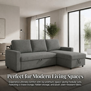 English Elm 83.6 Inch Flannel Sectional Sleeper Sofa with Hidden Chaise Storage for Living Rooms Dark Grey B082S00148