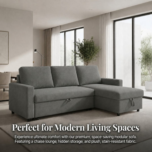 English Elm 83.6 Inch Flannel Sectional Sleeper Sofa with Hidden Chaise Storage for Living Rooms Dark Grey B082S00148