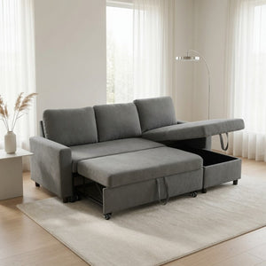 English Elm 83.6 Inch Flannel Sectional Sleeper Sofa with Hidden Chaise Storage for Living Rooms Dark Grey B082S00148