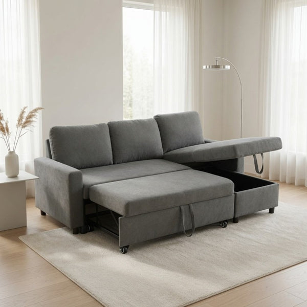 English Elm 83.6 Inch Flannel Sectional Sleeper Sofa with Hidden Chaise Storage for Living Rooms Dark Grey B082S00148
