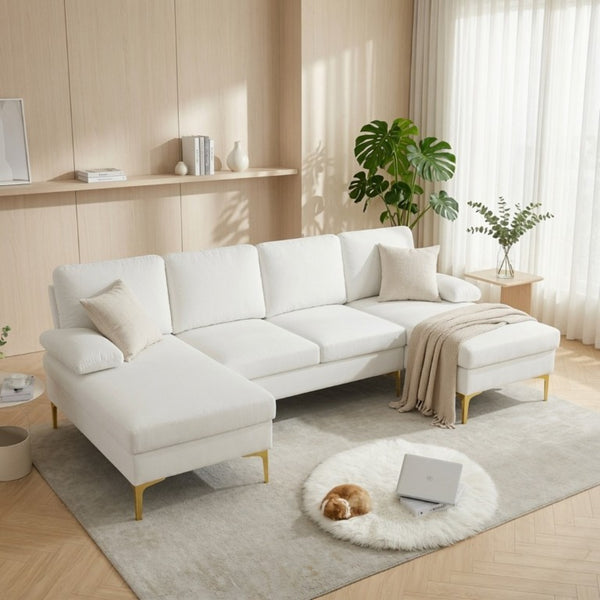 English Elm 99.5 Inch U-Shaped Velvet Sectional with Dual Chaise Gold Legs Living Room Sofa Cream White B082S00149