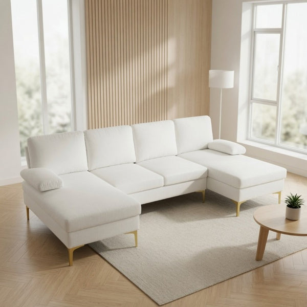 English Elm 99.5 Inch U-Shaped Velvet Sectional with Dual Chaise Gold Legs Living Room Sofa Cream White B082S00149