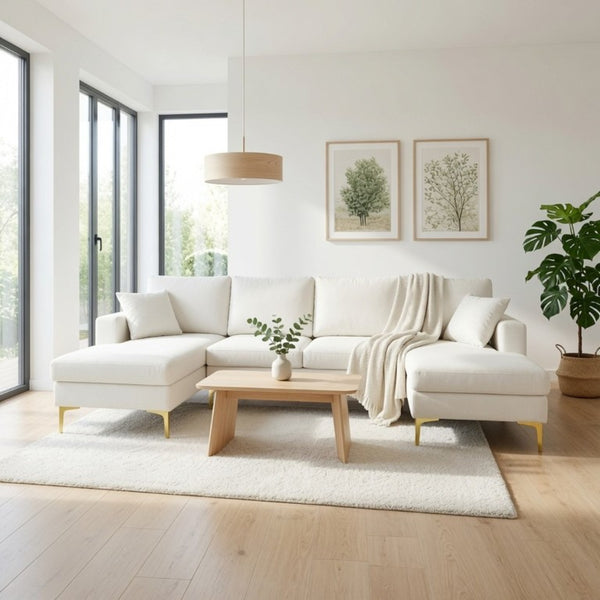 English Elm 99.5 Inch U-Shaped Velvet Sectional with Dual Chaise Gold Legs Living Room Sofa Cream White B082S00149