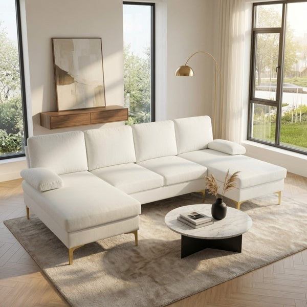 English Elm 99.5 Inch U-Shaped Velvet Sectional with Dual Chaise Gold Legs Living Room Sofa Cream White B082S00149