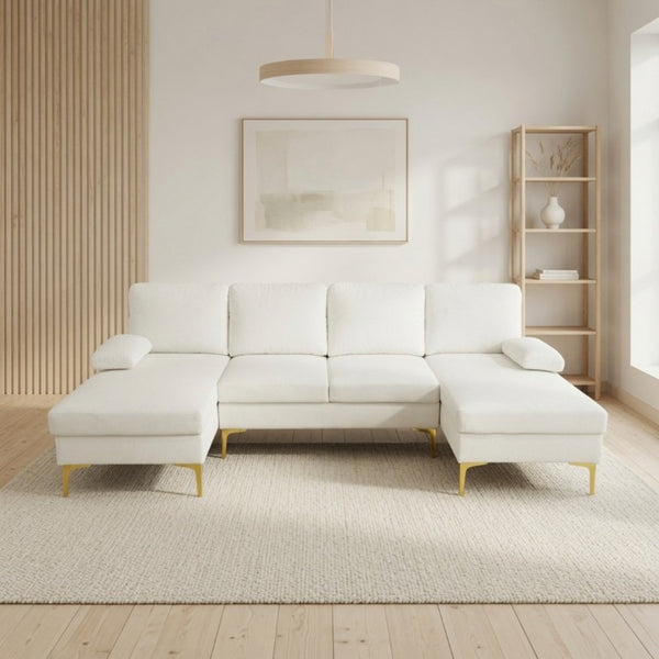 English Elm 99.5 Inch U-Shaped Velvet Sectional with Dual Chaise Gold Legs Living Room Sofa Cream White B082S00149