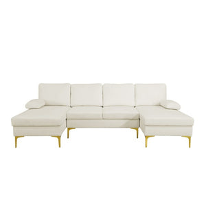 English Elm 99.5 Inch U-Shaped Velvet Sectional with Dual Chaise Gold Legs Living Room Sofa Cream White B082S00149