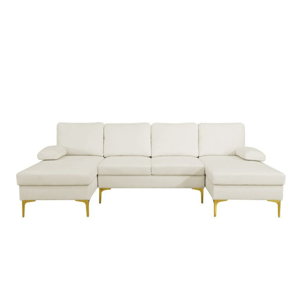English Elm 99.5 Inch U-Shaped Velvet Sectional with Dual Chaise Gold Legs Living Room Sofa Cream White B082S00149