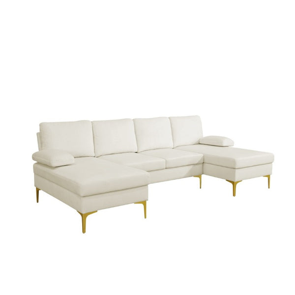 English Elm 99.5 Inch U-Shaped Velvet Sectional with Dual Chaise Gold Legs Living Room Sofa Cream White B082S00149