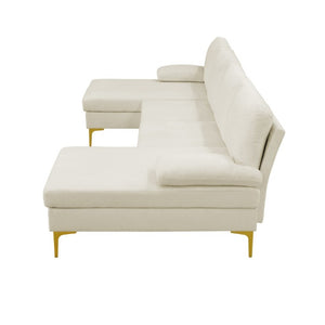 English Elm 99.5 Inch U-Shaped Velvet Sectional with Dual Chaise Gold Legs Living Room Sofa Cream White B082S00149