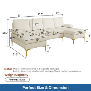 English Elm 99.5 Inch U-Shaped Velvet Sectional with Dual Chaise Gold Legs Living Room Sofa Cream White B082S00149