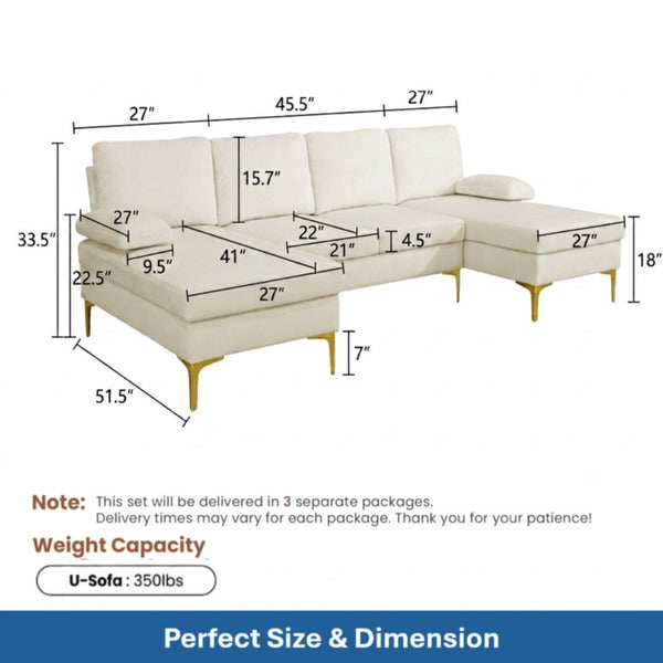English Elm 99.5 Inch U-Shaped Velvet Sectional with Dual Chaise Gold Legs Living Room Sofa Cream White B082S00149