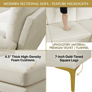 English Elm 99.5 Inch U-Shaped Velvet Sectional with Dual Chaise Gold Legs Living Room Sofa Cream White B082S00149